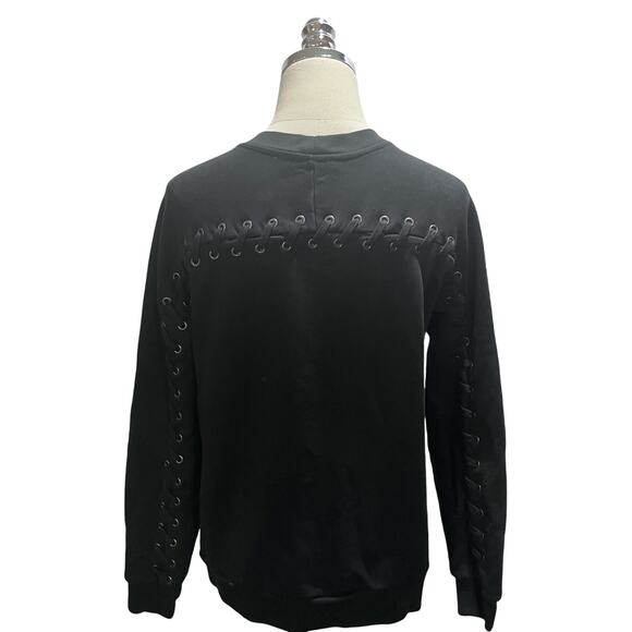 ALLSAINTS Yara Silver Grommet Laced Black Jersey Cotton Relaxed Sweatshirt med - Picture 2 of 11
